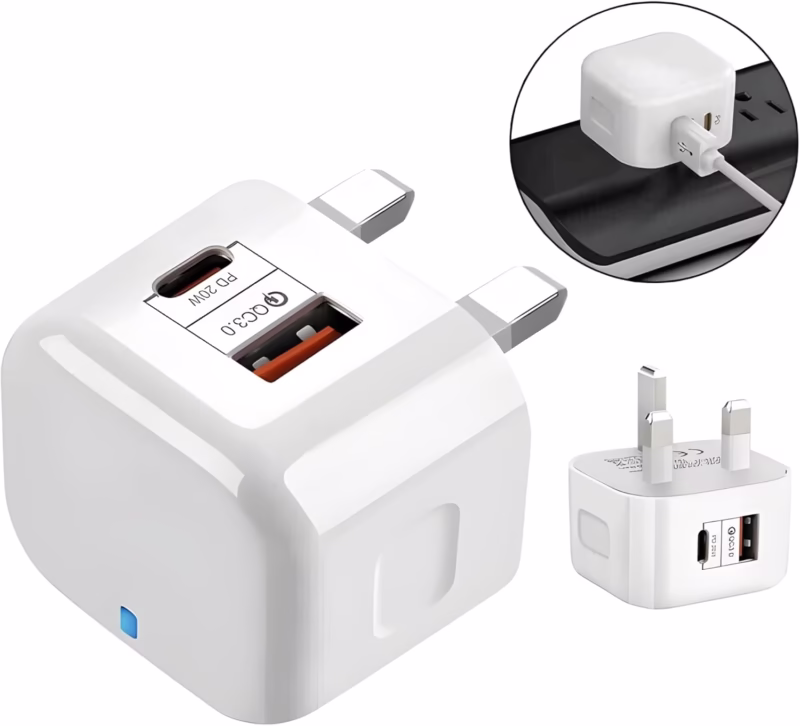 [2 Packs] 20W Dual-Port Fast Charger – USB-C + QC USB-A PD Power Adapter, UK Plug