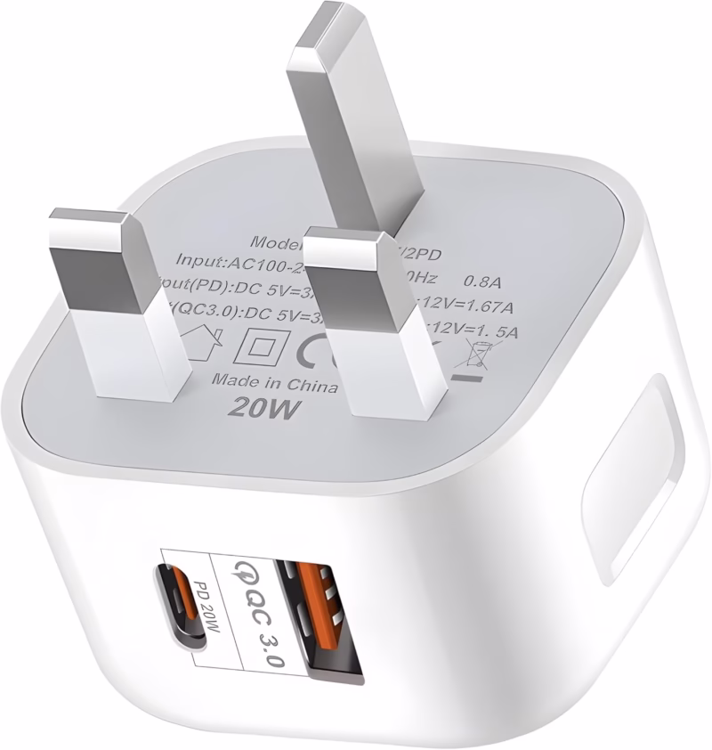 20W Dual-Port Fast Charger – USB-C + QC USB-A PD Power Adapter, UK Plug